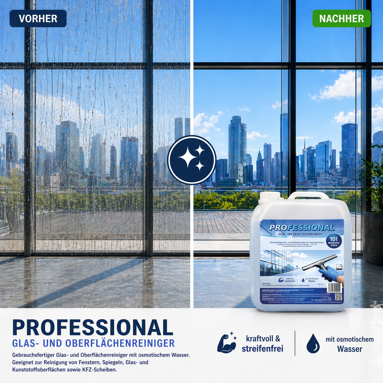 10l Professional Glasreiniger Kunststoffreiniger mit Osmosewasser Oberflächenreiniger streifenfrei