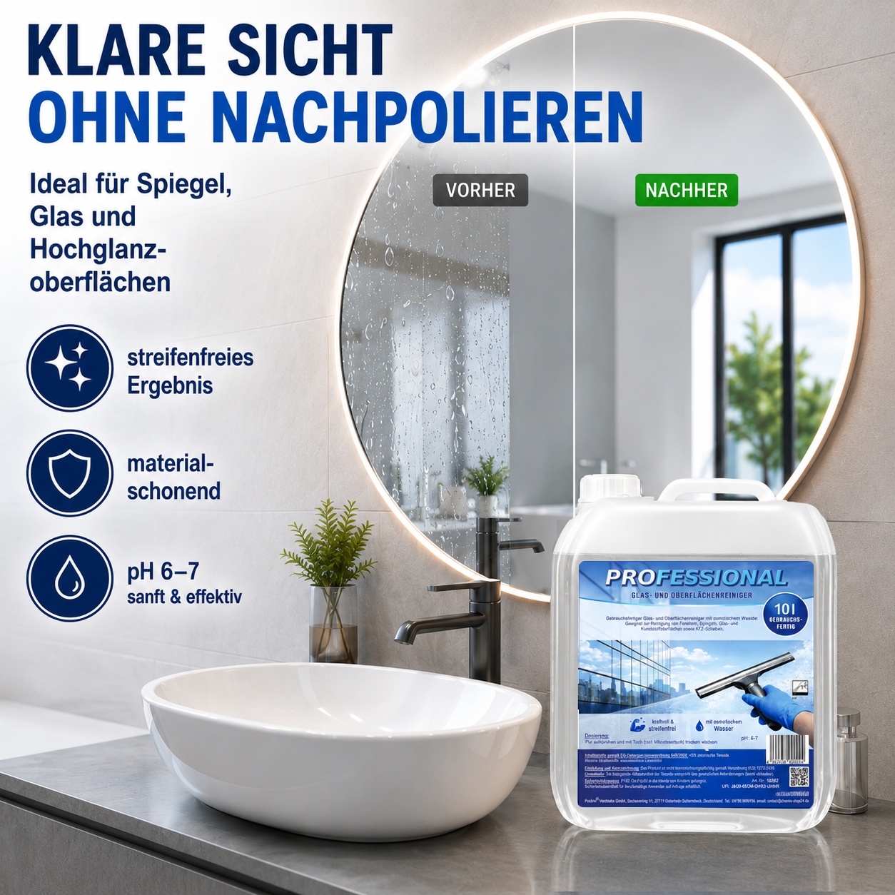 10l Professional Glasreiniger Kunststoffreiniger mit Osmosewasser Oberflächenreiniger streifenfrei